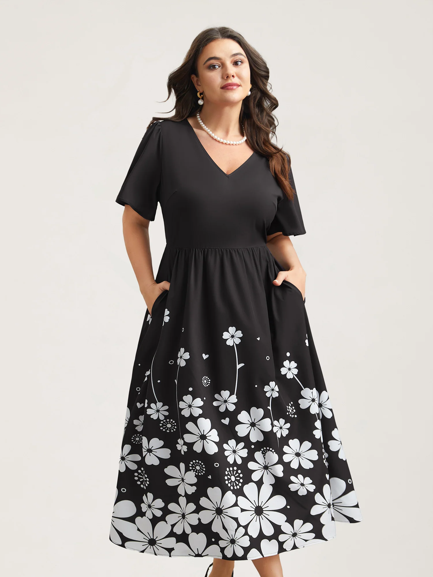 V-Neck Floral Print Flared Sleeve Dress - Image 2