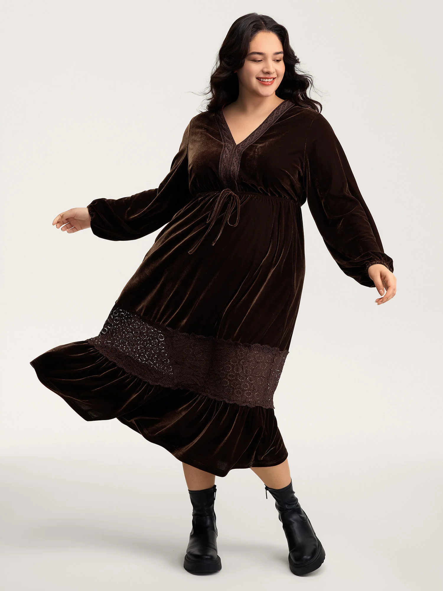 Velvet Lace Trim Waist-Tie Maxi Dress