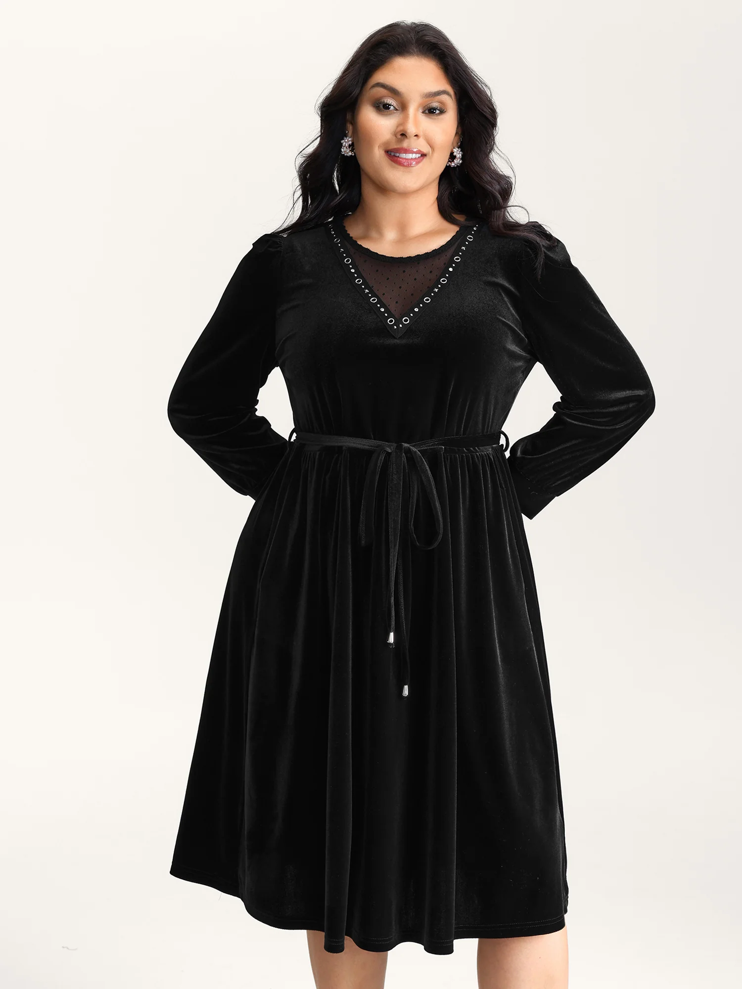Velvet Sheer Neckline Belted Waist Maxi Dress