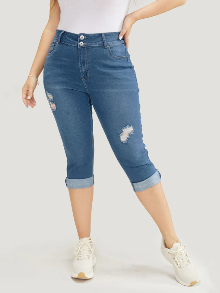Very Stretchy Dark Wash Cuffed Hem Distressed Knee Denim Shorts