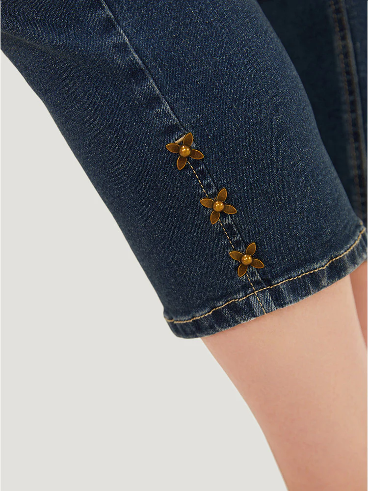 Very Stretchy High Rise Dark Wash Beaded Detail Cropped Jeans - Image 7