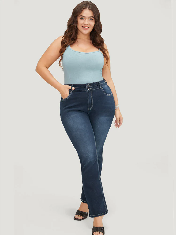 Very Stretchy High Rise Dark Wash Contrast Stitching Jeans - Image 5