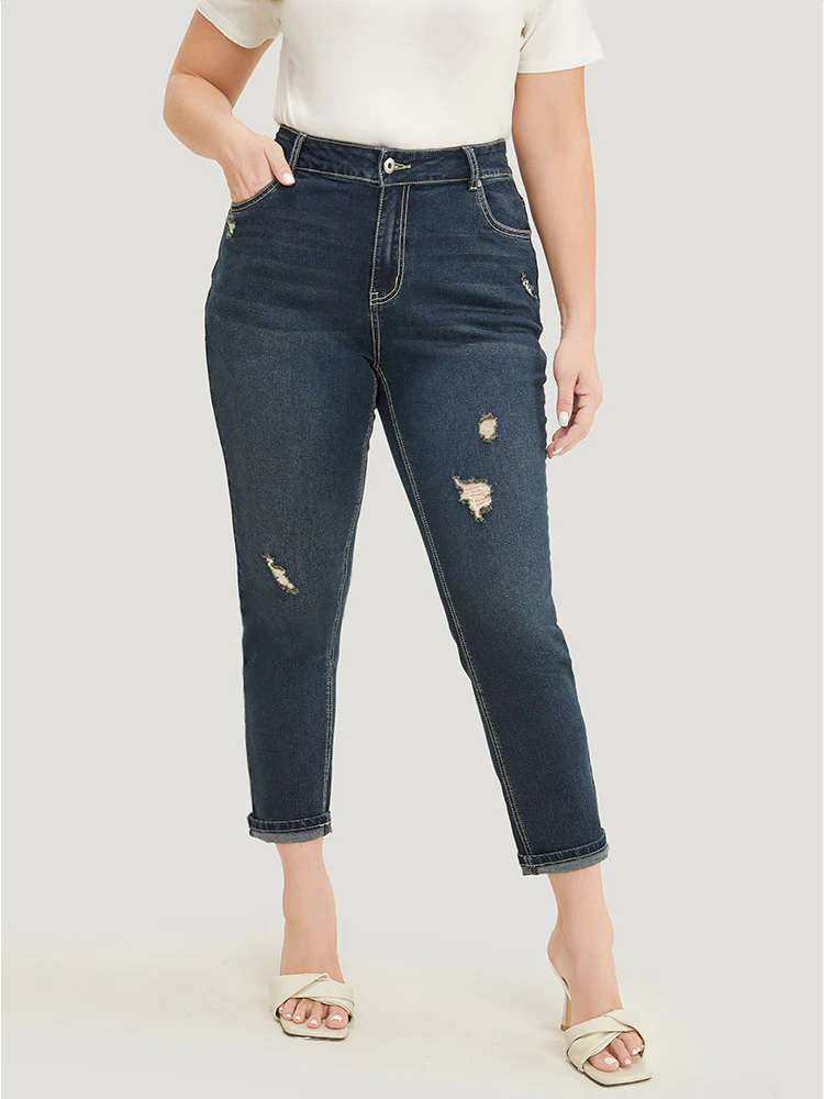 Very Stretchy High Rise Dark Wash Distressed Stitch Jeans - Image 2