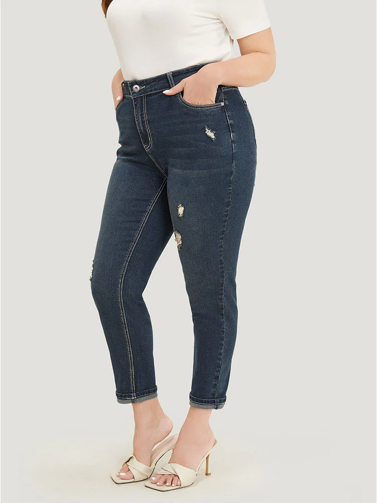 Very Stretchy High Rise Dark Wash Distressed Stitch Jeans - Image 6