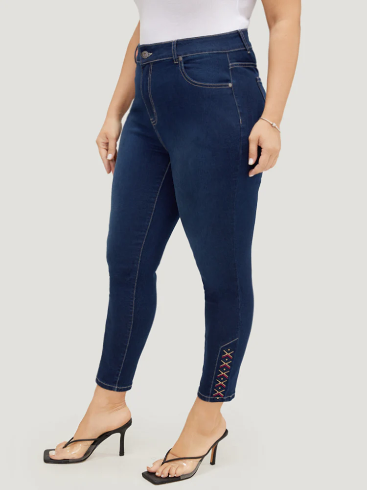 Very Stretchy High Rise Dark Wash Geometric Embroidered Jeans - Image 2