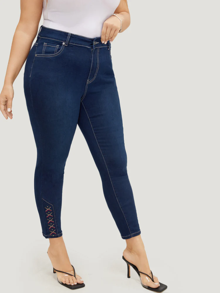 Very Stretchy High Rise Dark Wash Geometric Embroidered Jeans - Image 6