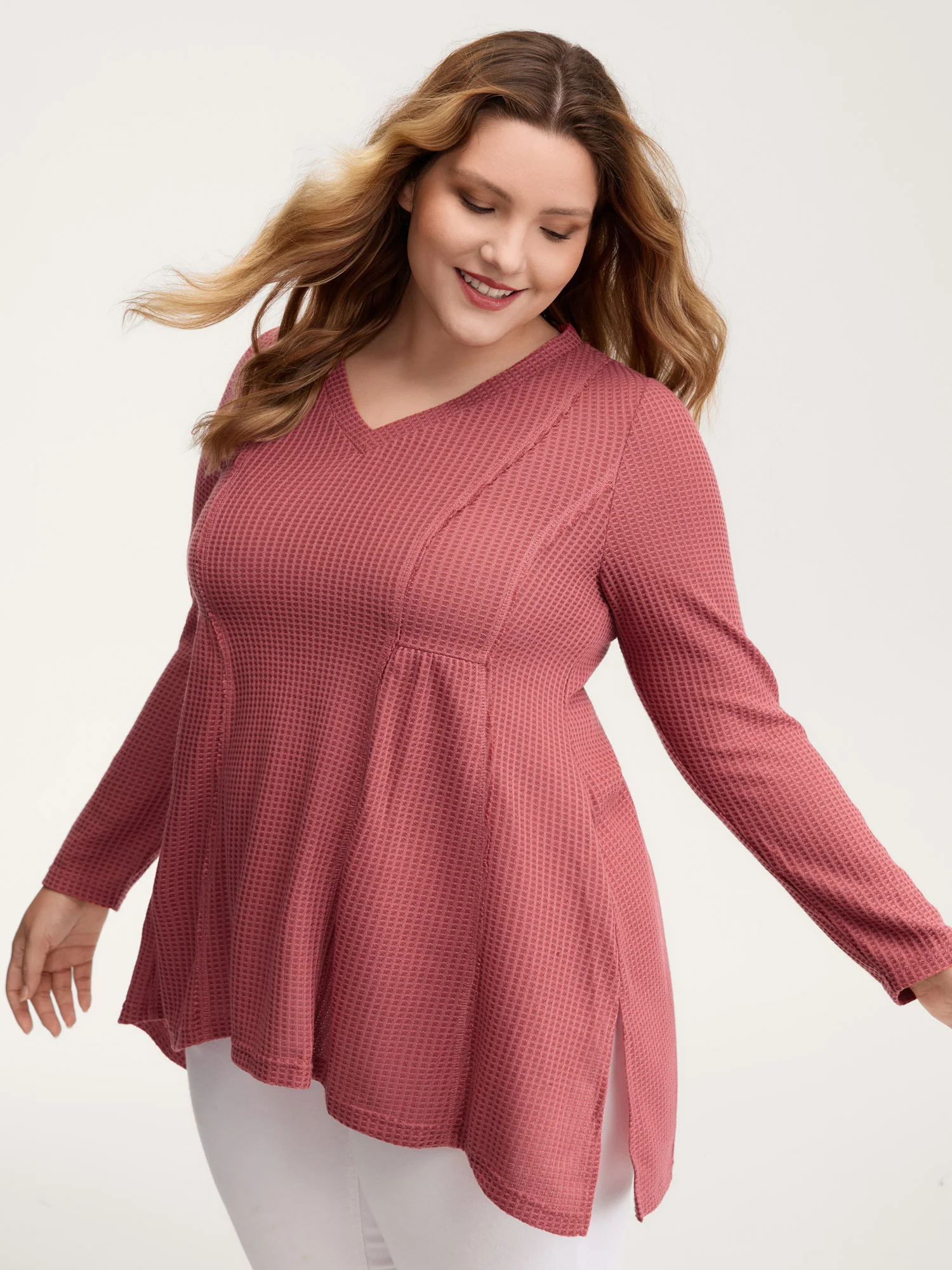 Waffle Grid Side Slit Flared T-Shirt