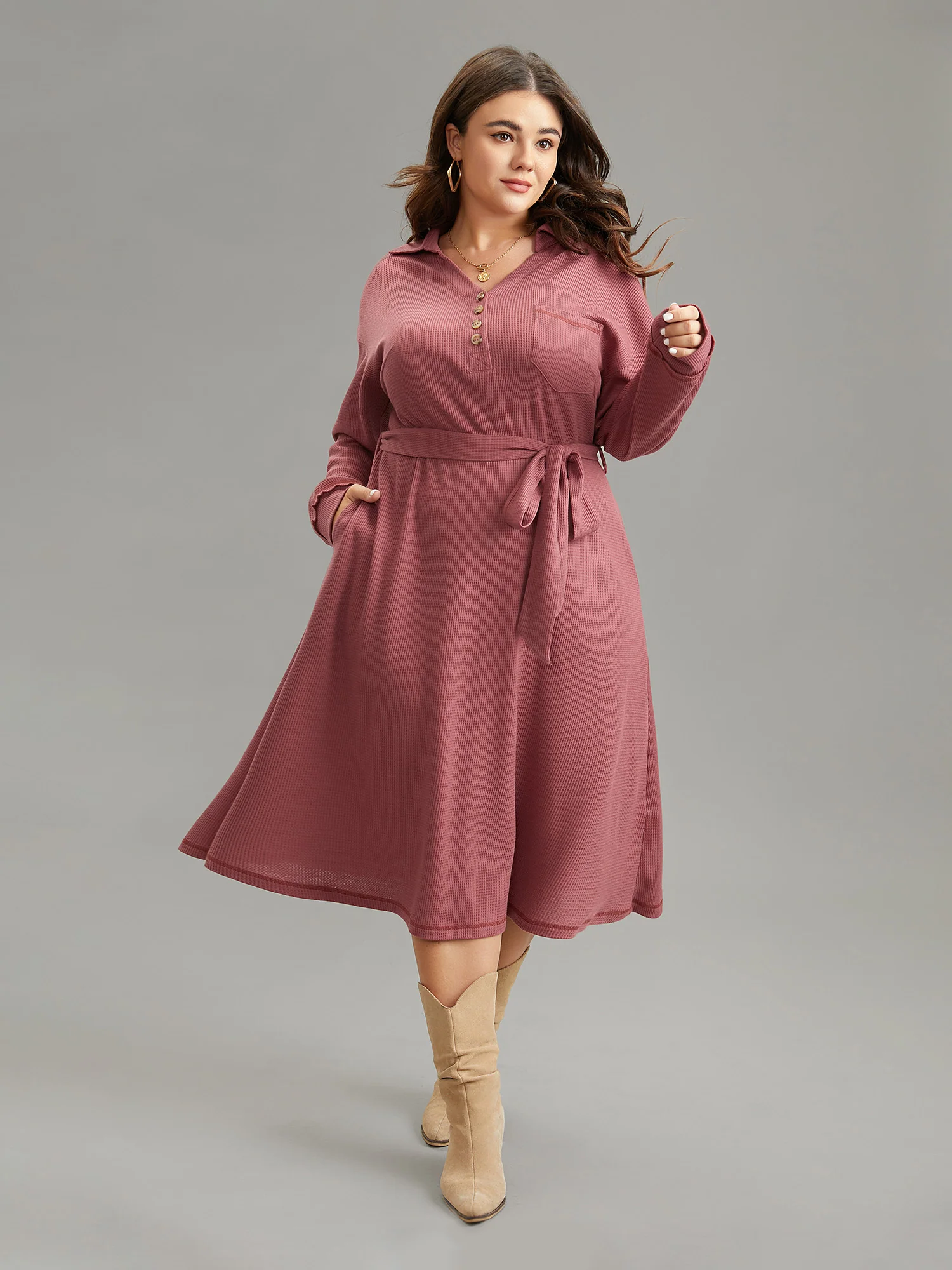 Waffle Knit Belted Lapel Collar Pocket Dress