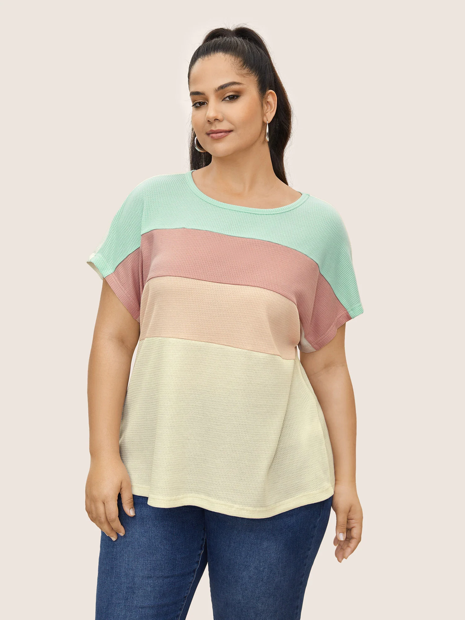 Waffle Knit Colorblock Contrast Dolman Sleeve T-shirt