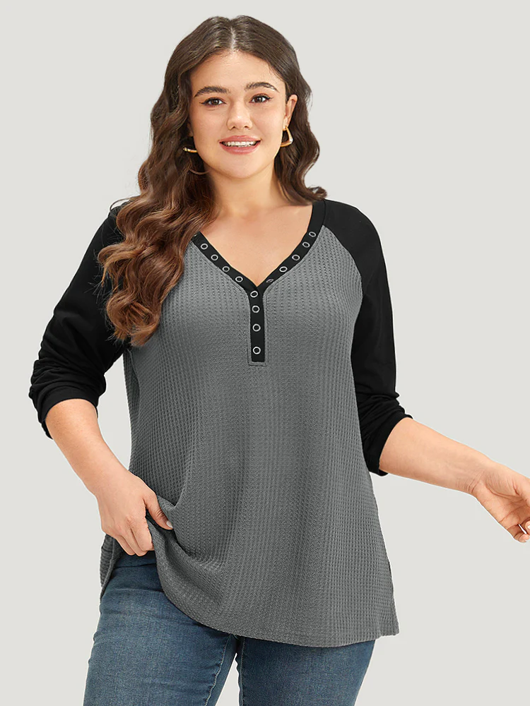 Waffle Knit Raglan Sleeve Metal Buckle Detail T-shirt