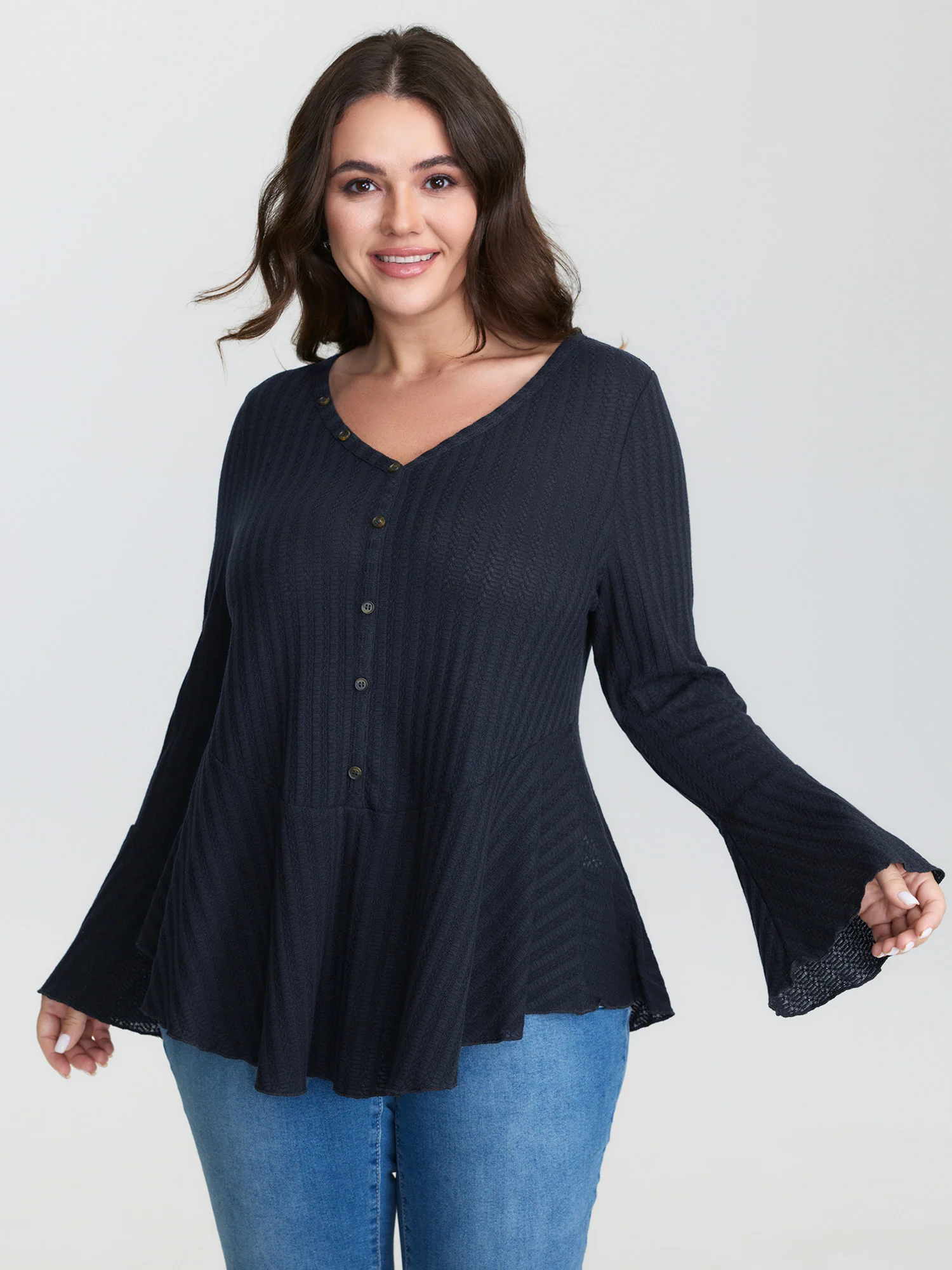 Waffle Textured Lotuf Leaf Hem Knit Top
