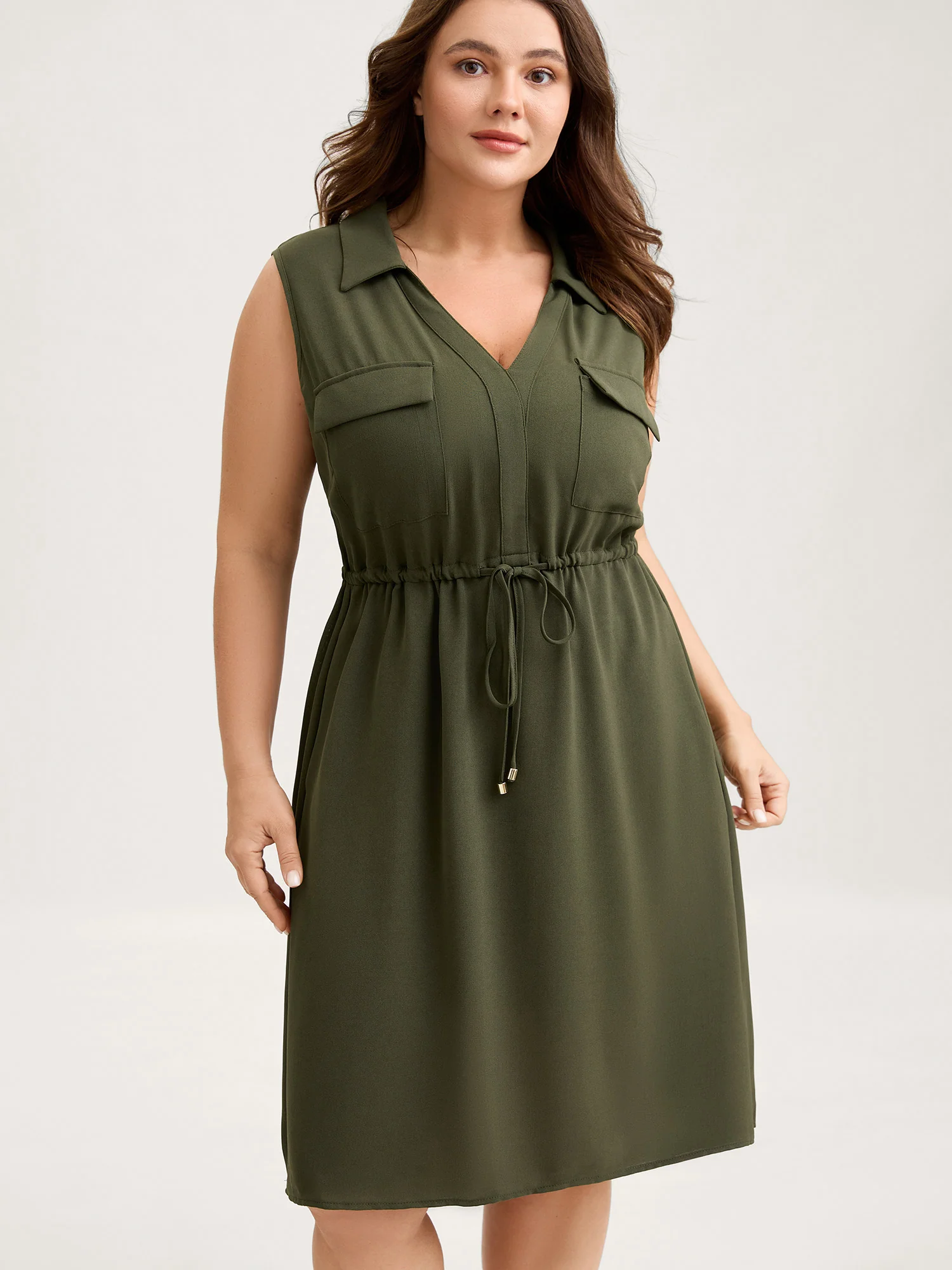 Waist Drawstring Pockets Solid Midi Dress