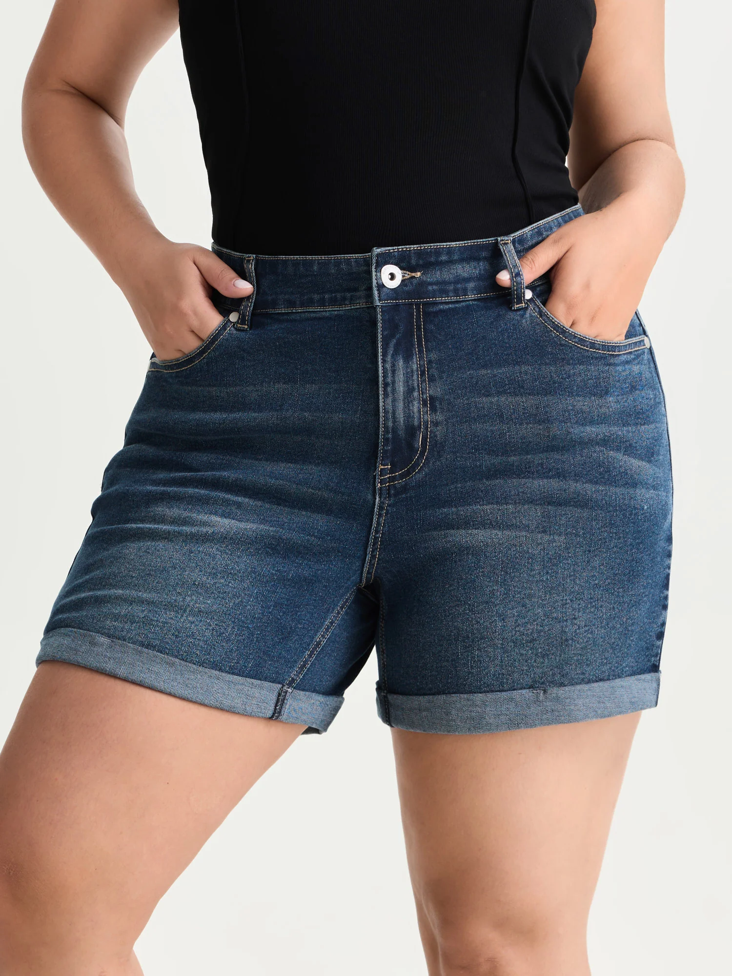 Wash High Waist Cuffed Hem Denim Shorts