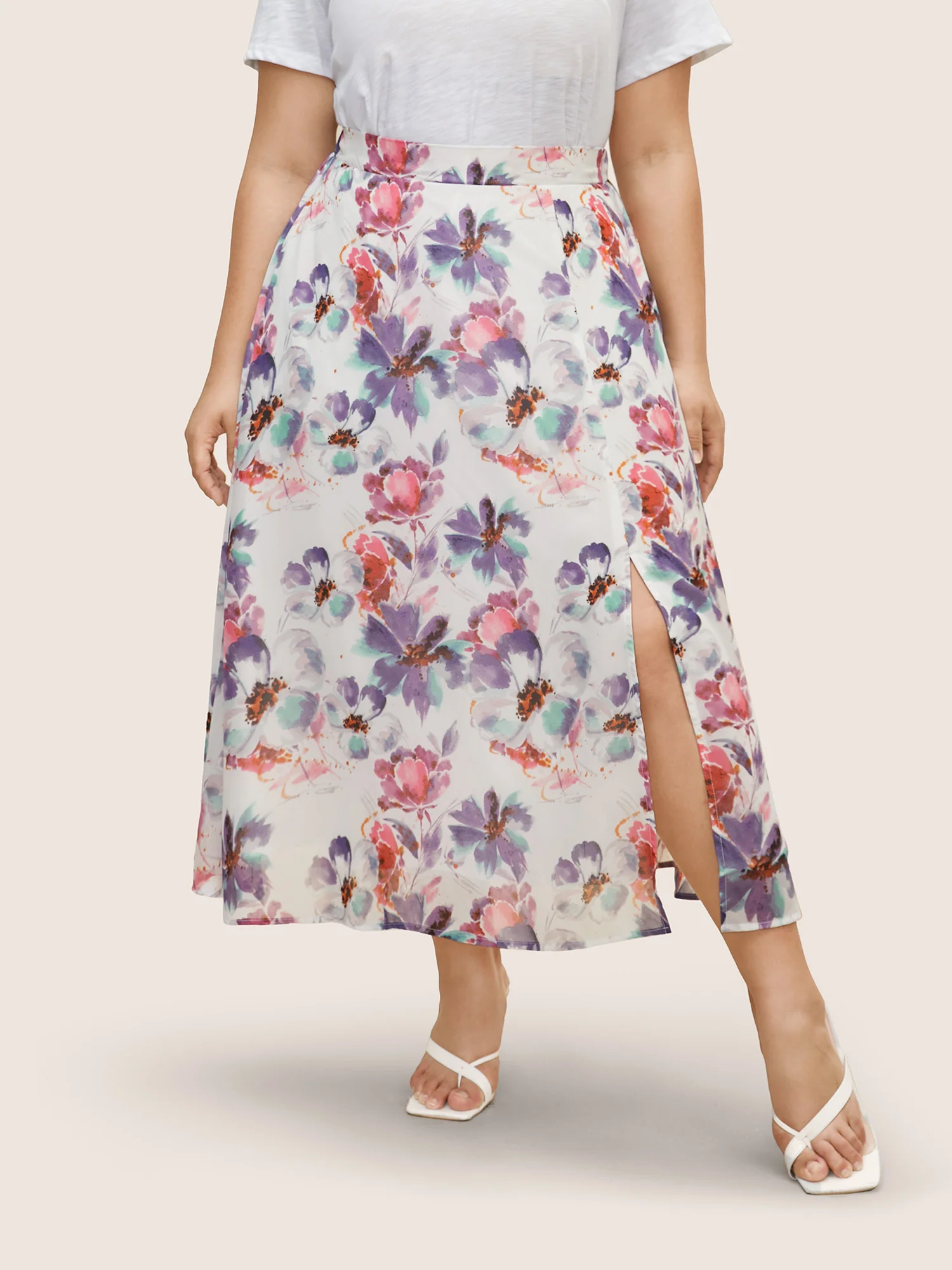 Watercolor Floral Print Slit Hem Pocket Skirt