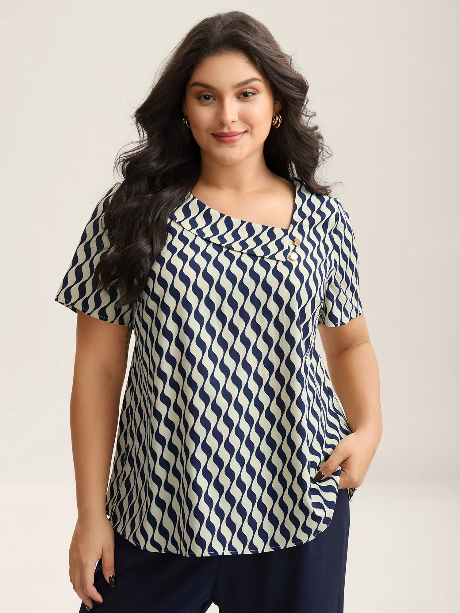 Wavy Print Asymmetrical Neckline Blouse