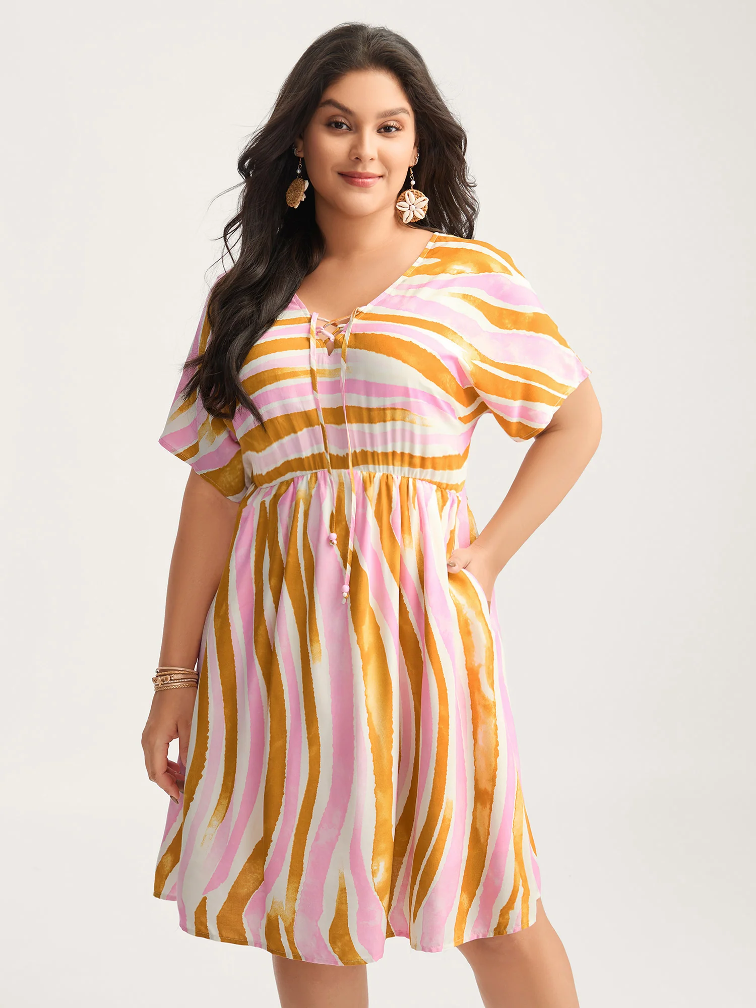Wavy Stripes Neck Tie Tiered Midi Dress