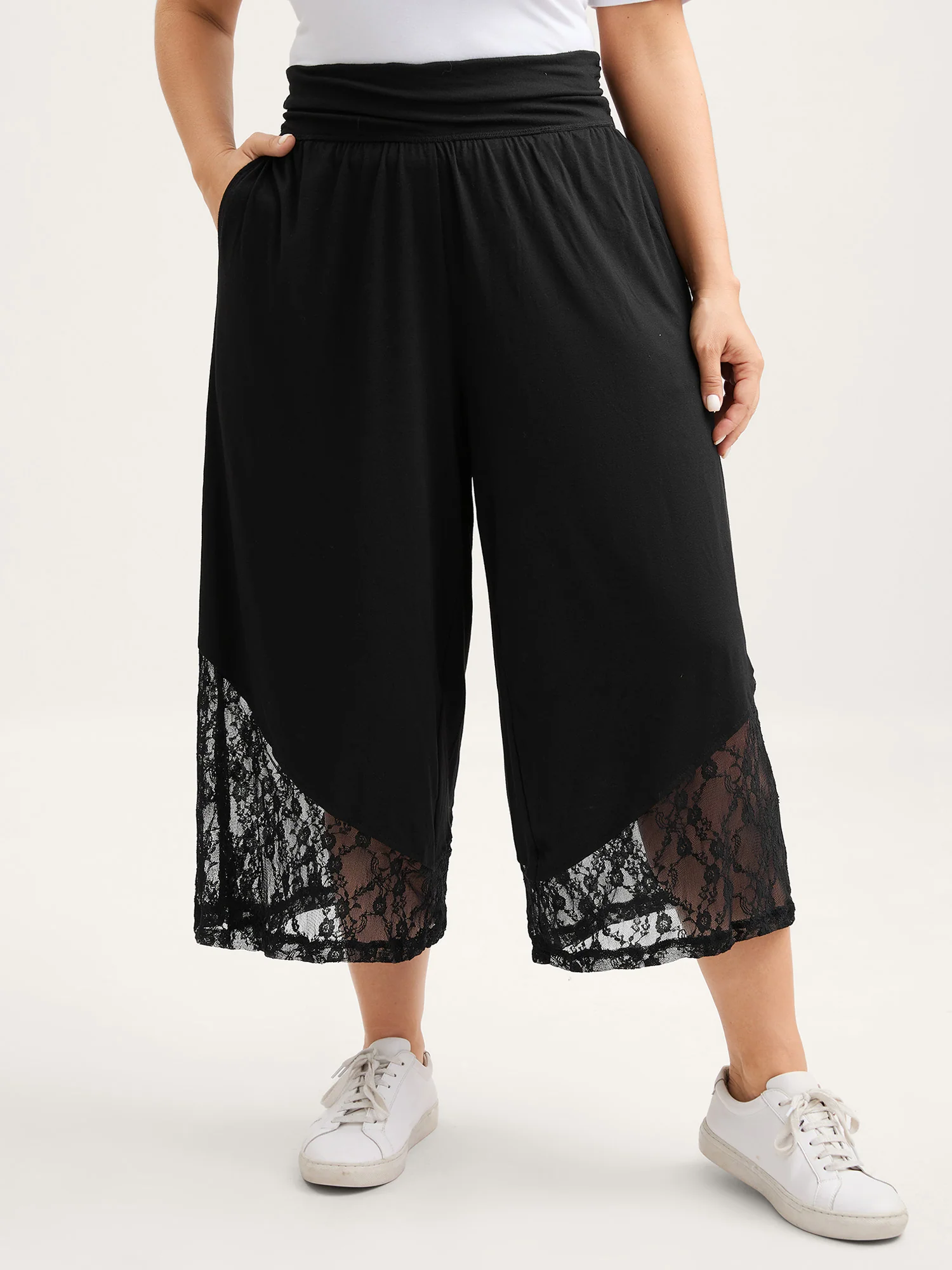 Wide Waist Sheer Lace Wide-Leg Pants