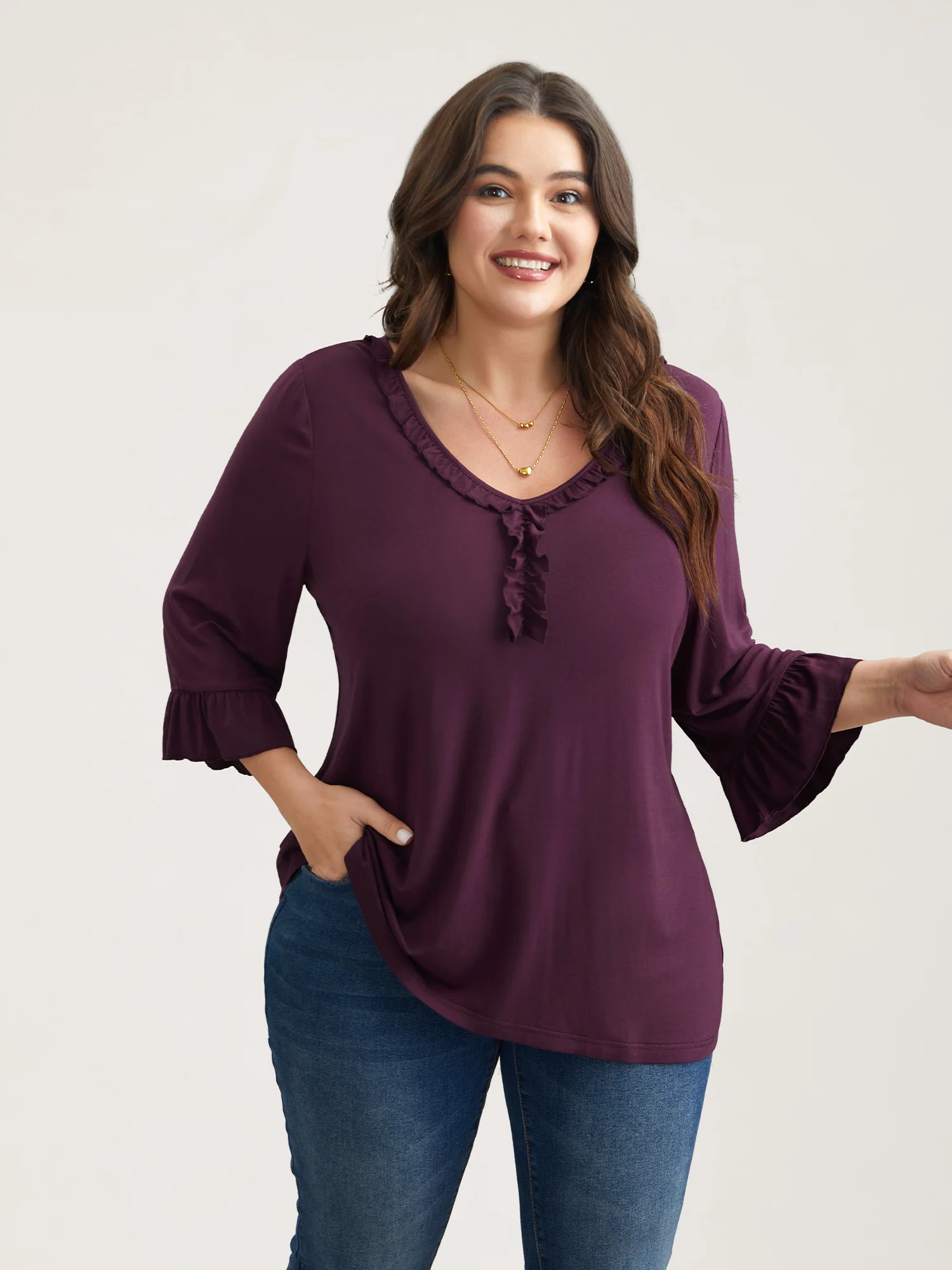 Wood-Ear Collar Ruffled Sleeve Top