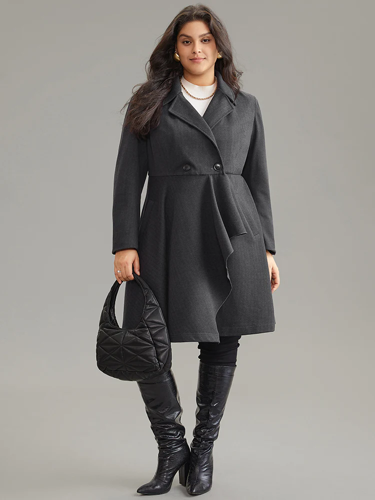 Woolen Solid Button Up Ruffle Trim Coat