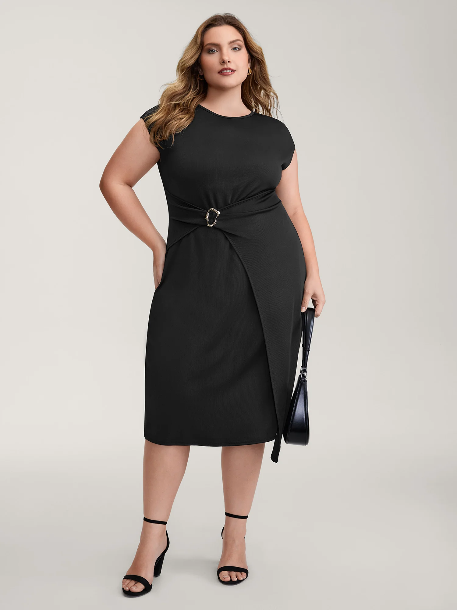 Wrap Style Metal Buckle Midi Dress
